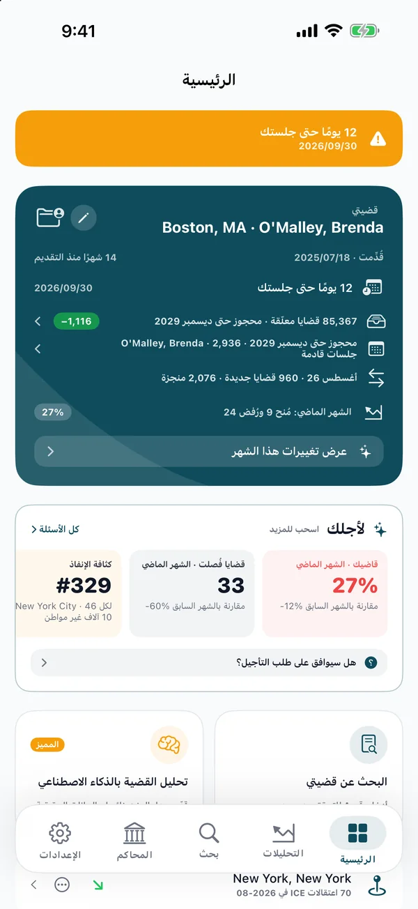 بطاقة قضيتي: العدّ التنازلي للجلسة، والقضايا المتراكمة في المحكمة، وقرارات الشهر الماضي